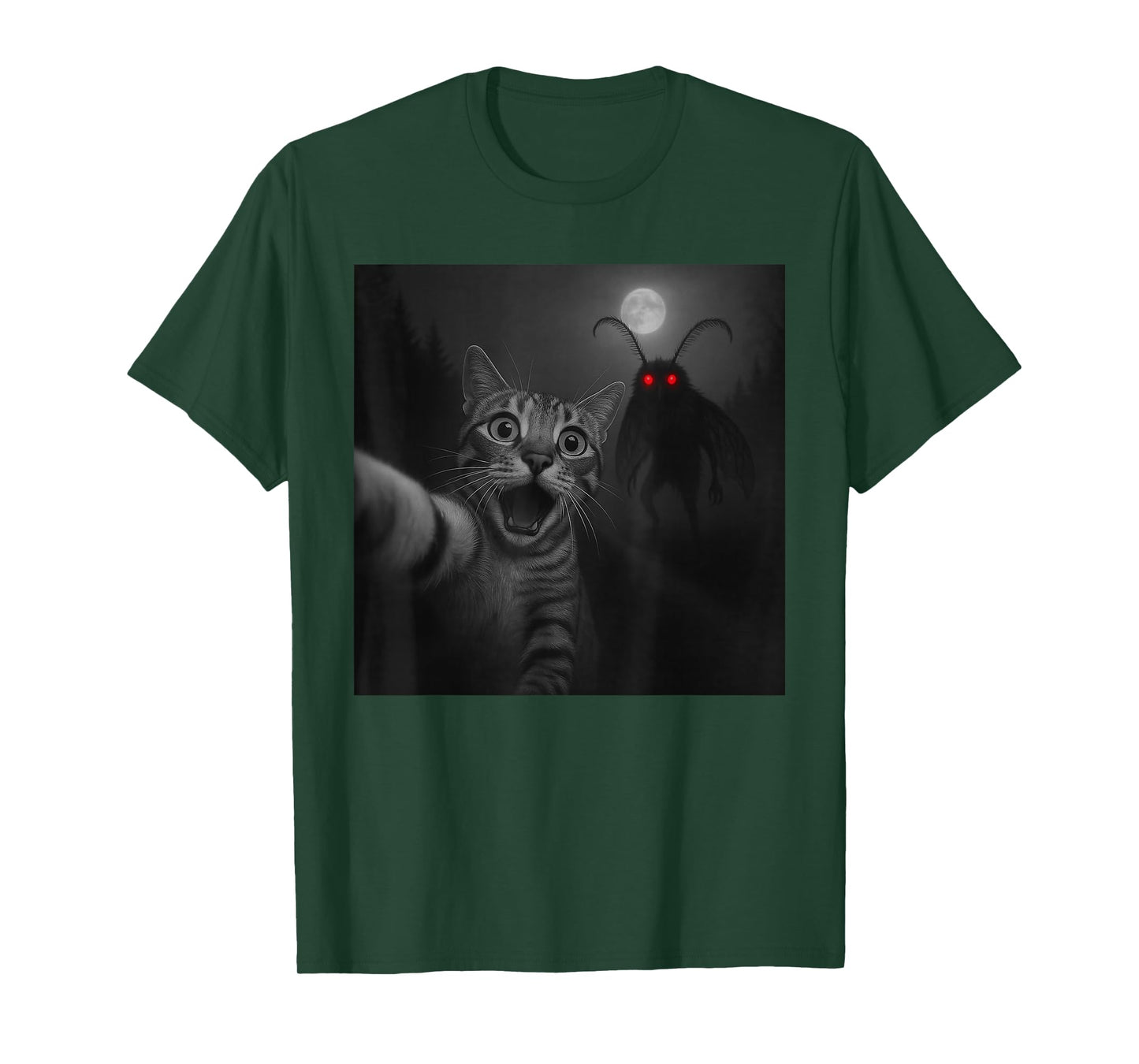 Funny Halloween Surprised Scared Cat Selfie Mothman Cryptid T-Shirt