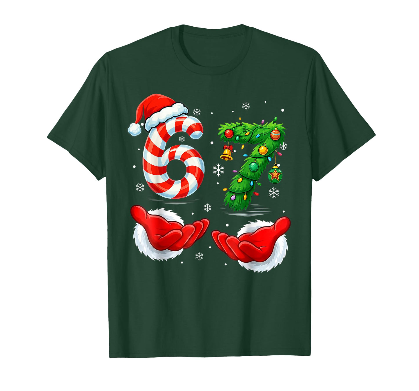 67 Christmas Meme 6 7 Santa Hands Candy Cane Tree Gen Alpha T-Shirt