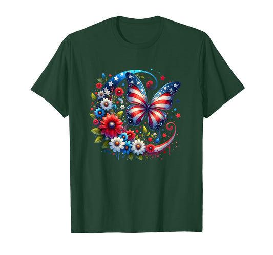 American Flag Red White Blue Butterfly Design T-Shirt
