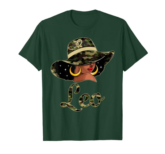 Leo Queen Black Woman With Hat Camo Afro Woman Zodiac T-Shirt