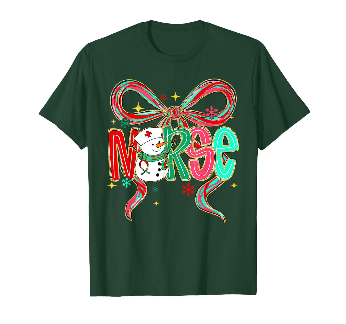 Christmas Nurse Snowman Xmas Pajamas RN ICU NICU ER Pacu Bow T-Shirt