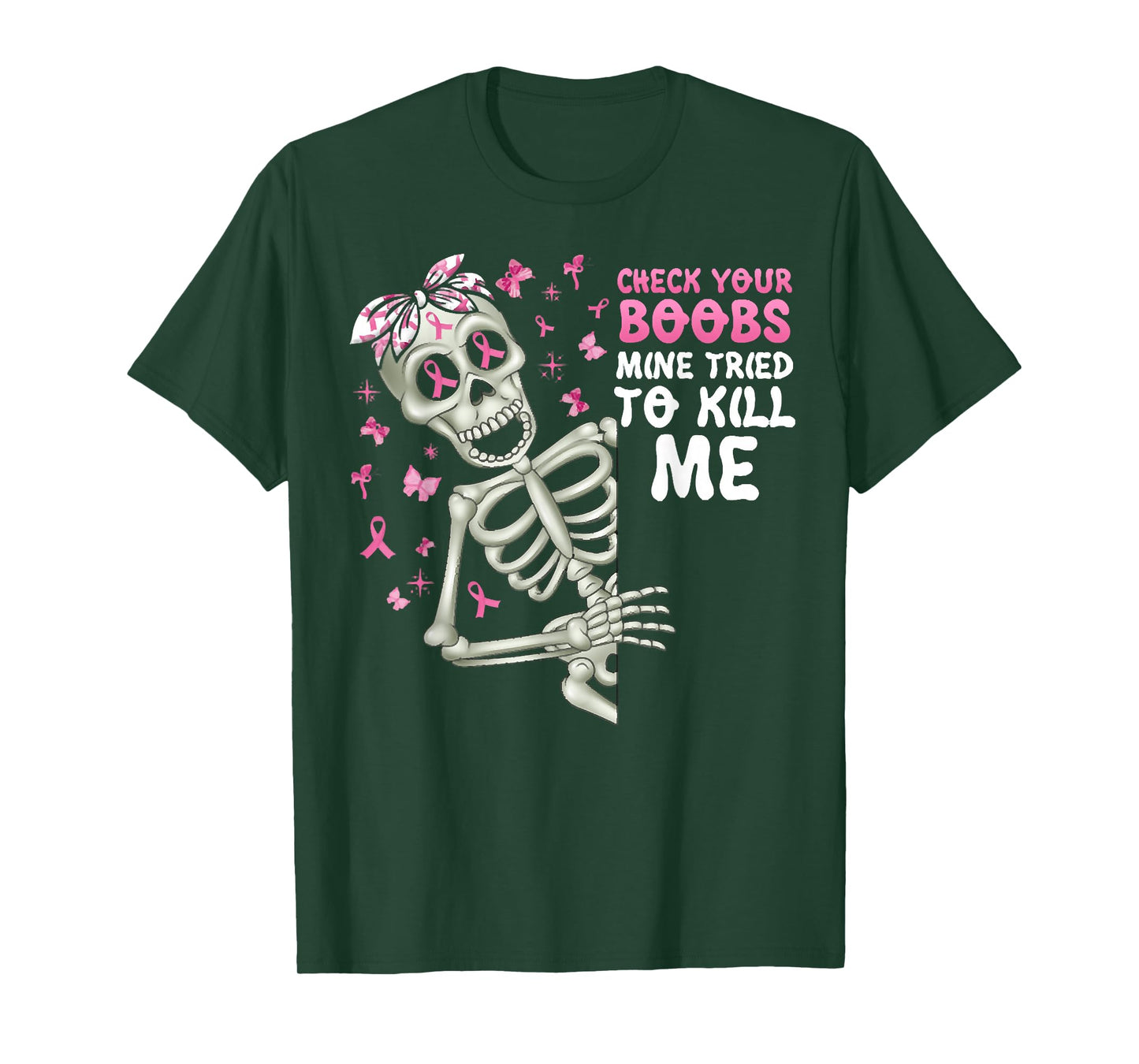 Check Your Boobs Mine Tried To Kill Me,Halloween Pink Ribbon T-Shirt