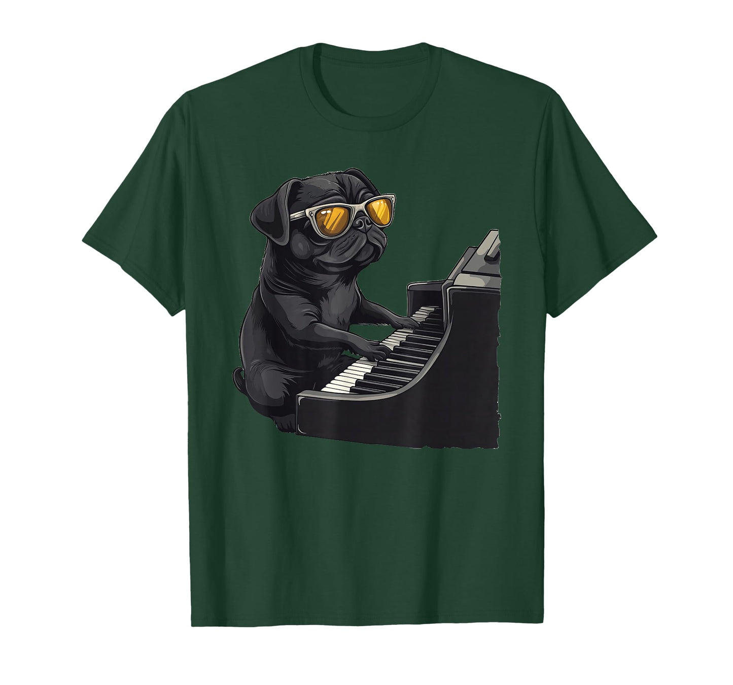 Cute Dog Black Pug Playing Piano Musician Music T-Shirt