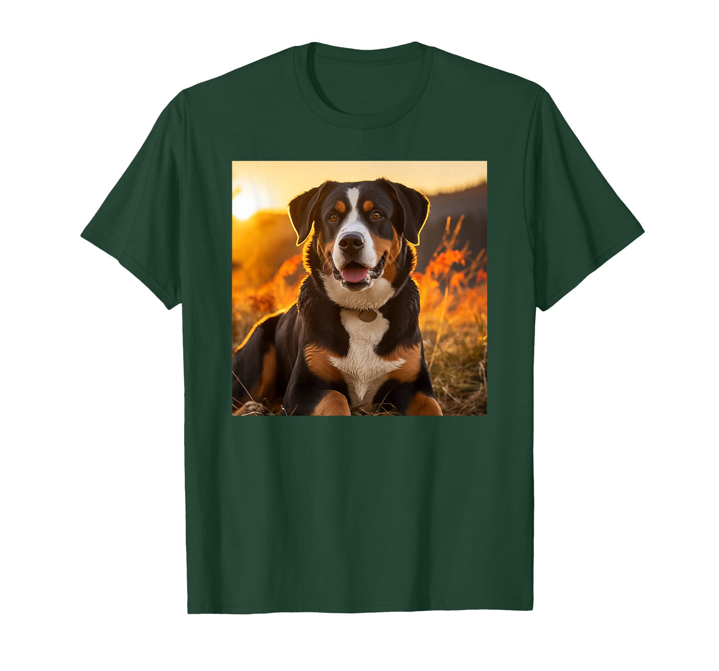 Greater Swiss Mountain Dog Sitting In The Sunset Photography T-Shirt