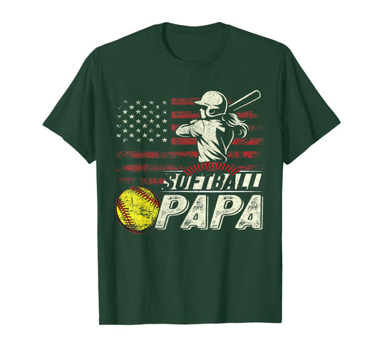 Softball Papa US Flag Gifts For Papa Patriotic Fathers Day T-Shirt