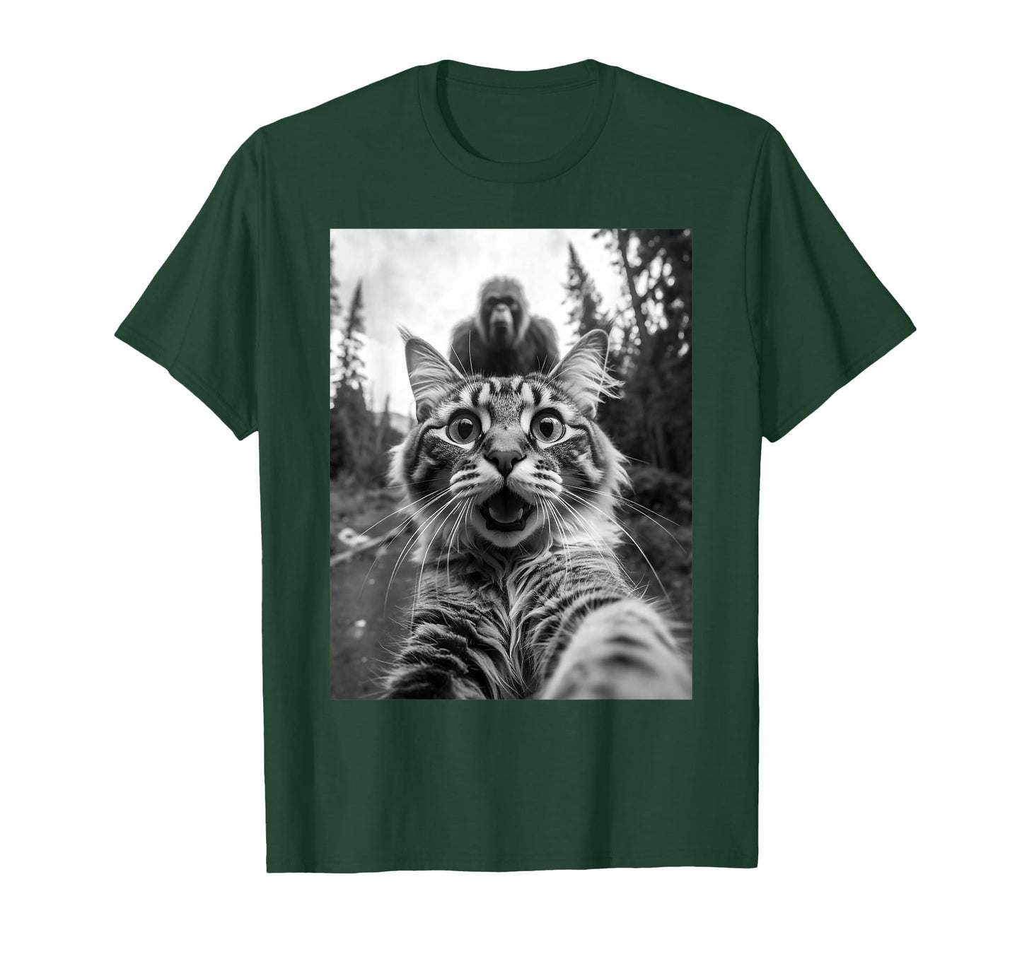 Funny Shocked Cat Selfie with Bigfoot Sasquatch Forest T-Shirt