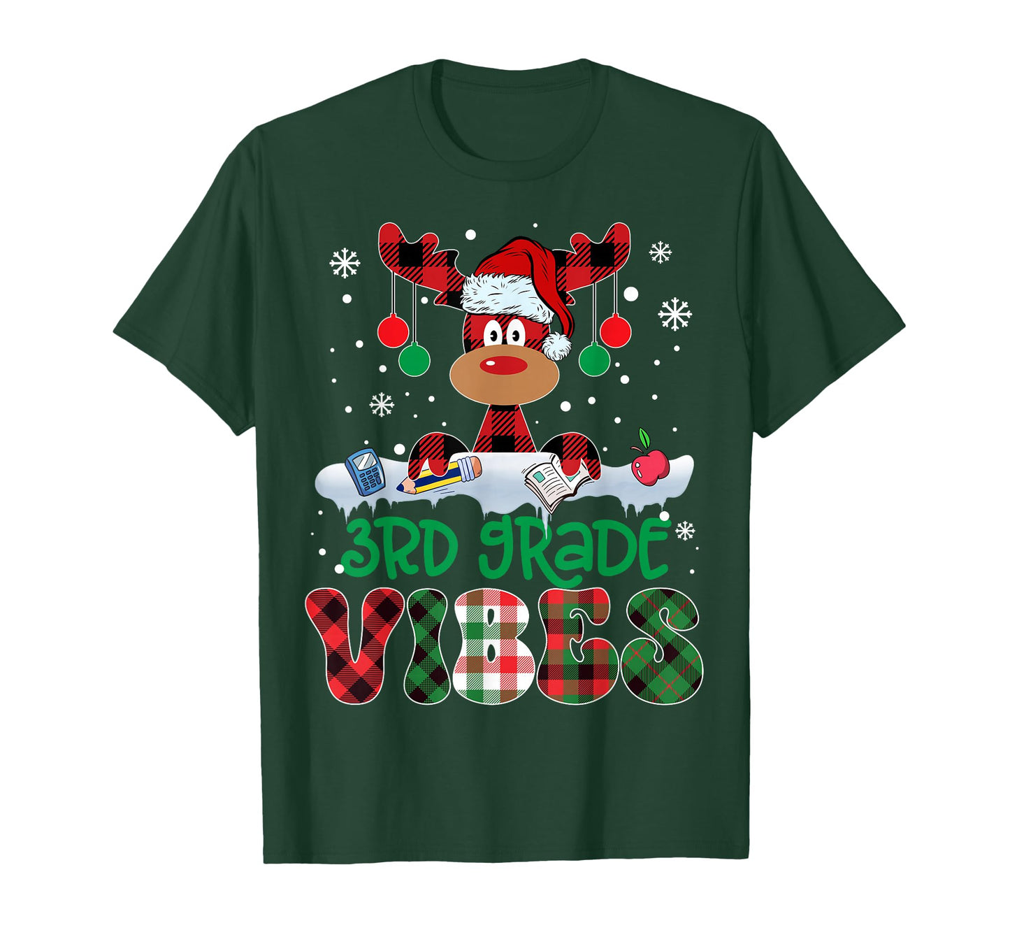 3rd Grade Vibes Teacher Buffalo Red Plaid Reindeer Christmas T-Shirt