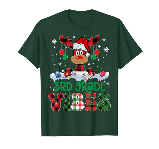 3rd Grade Vibes Teacher Buffalo Red Plaid Reindeer Christmas T-Shirt
