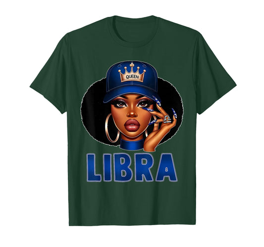 Libra Queen Black Woman with Cap Crown Afro Girl Zodiac T-Shirt