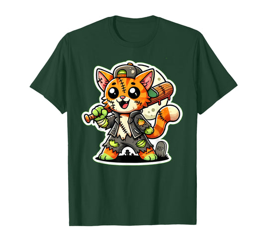 Cute Orange Cat Zombie Baseball Boy Halloween Party Kids T-Shirt