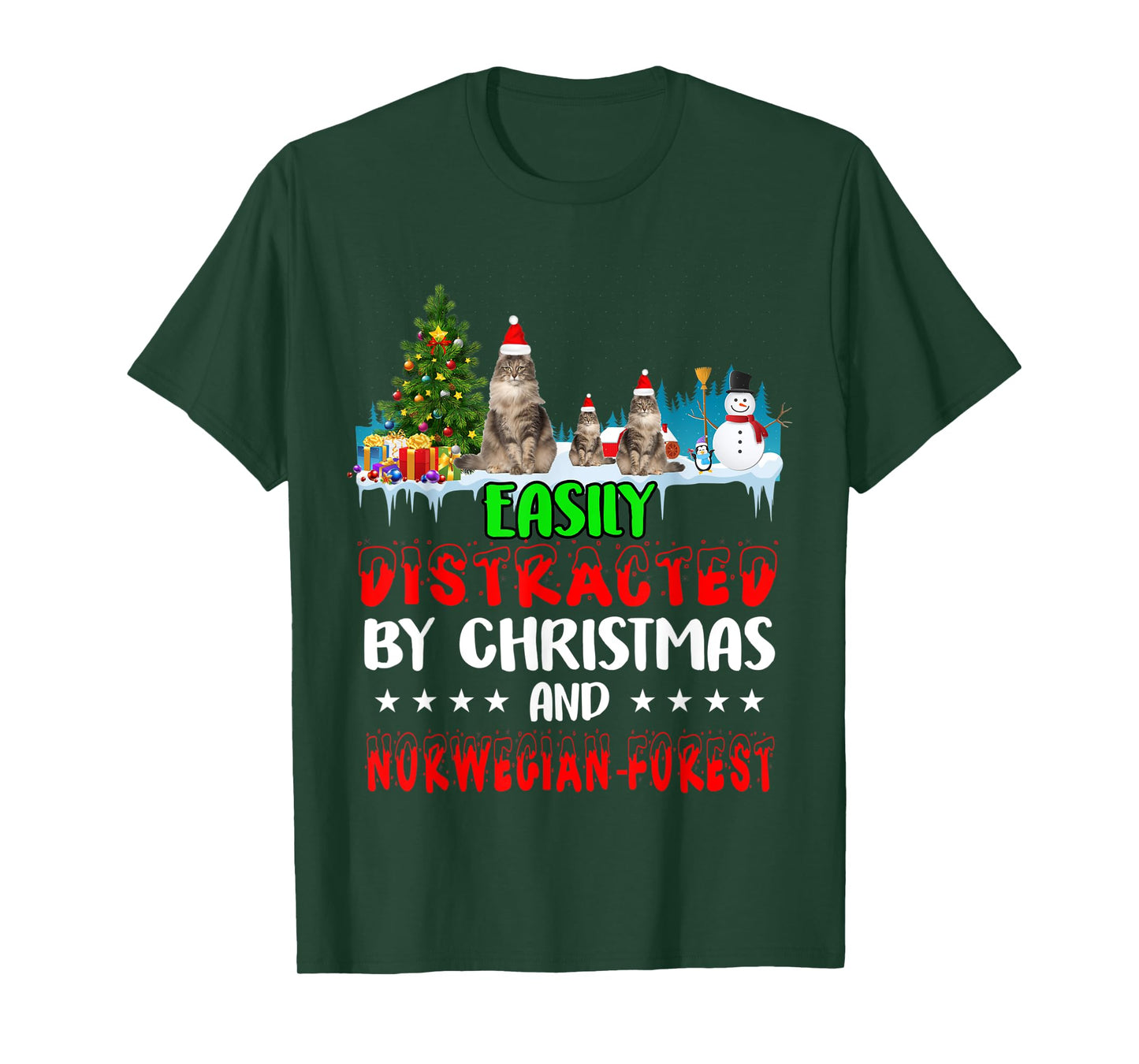 Easily Distracted by Christmas Norwegian Forest Cat on Snow T-Shirt