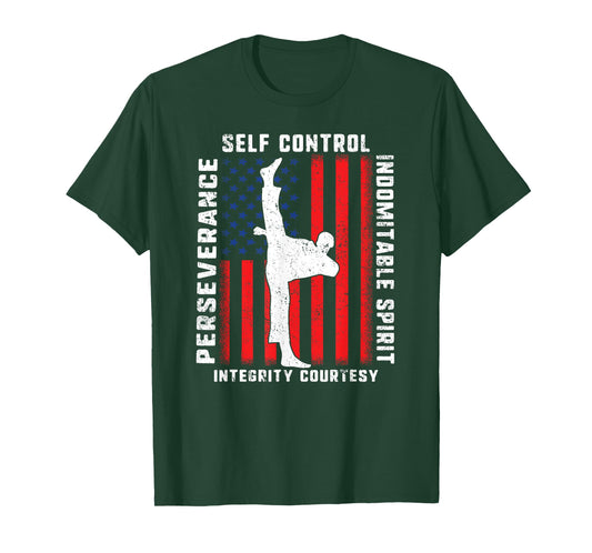 Taekwondo 5 Tenets Martial Arts Sports USA Flag Women Kids Men T-Shirt