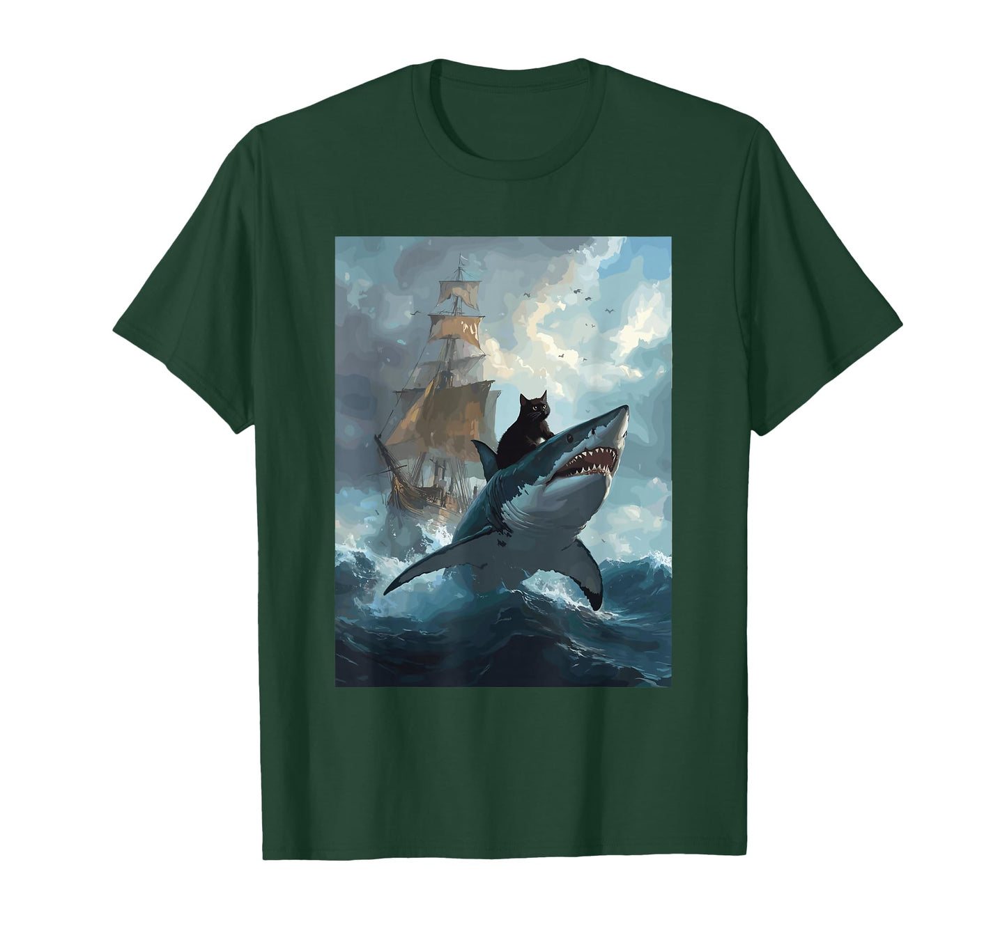 Cat Riding Shark Funny Art and Cat Lover Funny Cat and Shark T-Shirt