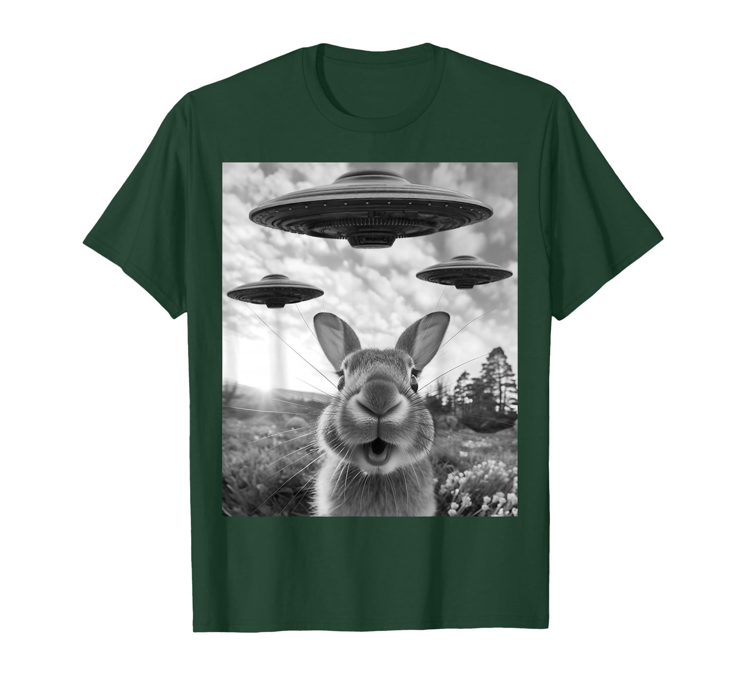 Rabbit Selfie with UFOs Vintage Alien Rabbit T-Shirt