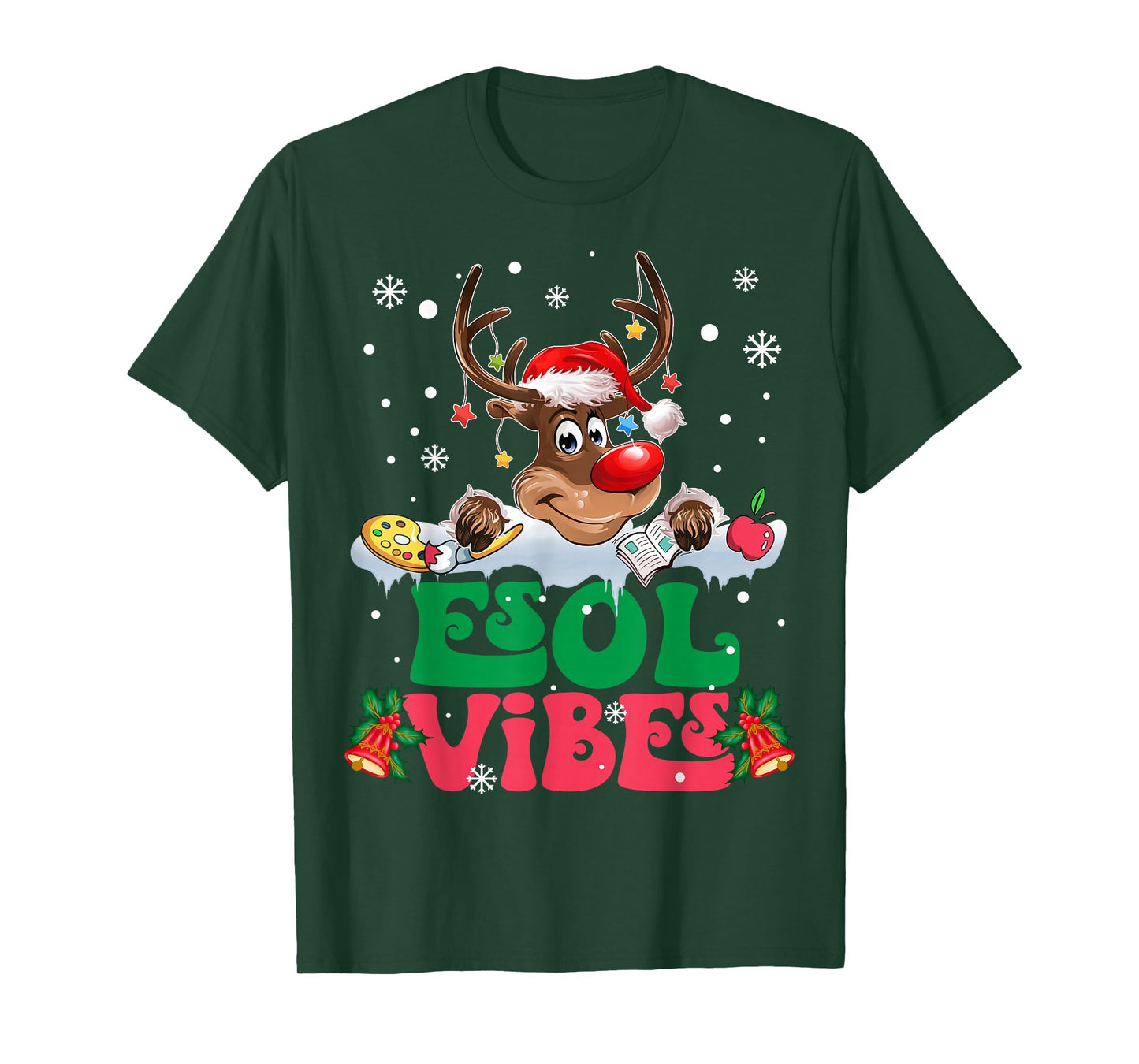 Christmas Reindeer Santa ESOL Vibes Funny Teacher Kids T-Shirt