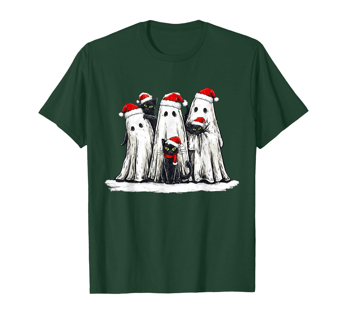 Vintage Christmas Ghost Holding Black Cat Groovy T-Shirt