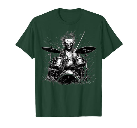 Skeleton Drummer Guy Rock and Roll Band Rock On Drum Kit T-Shirt