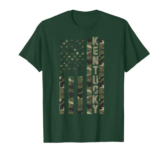 Kentucky United States Distressed Camo w US Flag T-Shirt