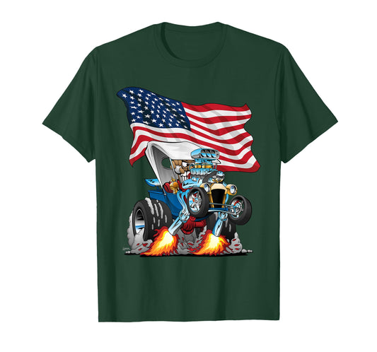 T-bucket Style Car Hotrod USA Flag Patriotic Cartoon Design T-Shirt