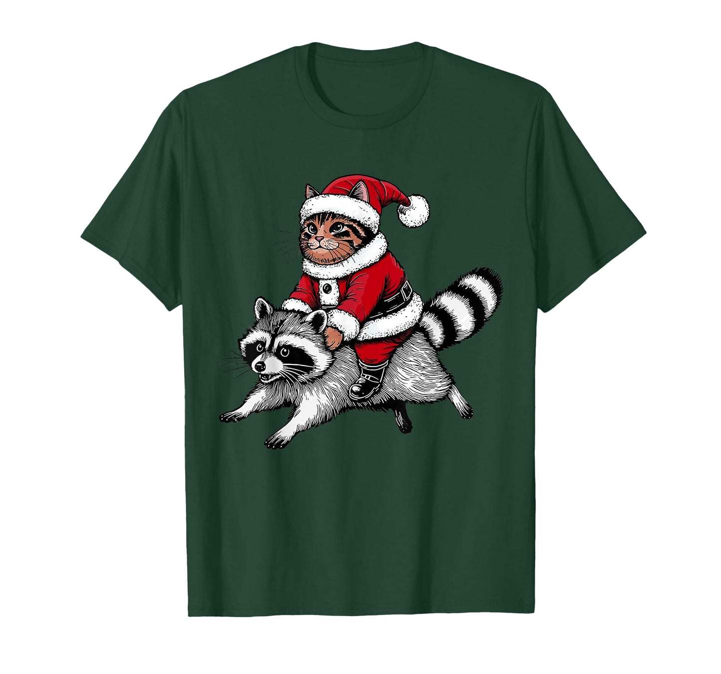 Santa Cat Riding A Raccoon Christmas Men Women Kids T-Shirt