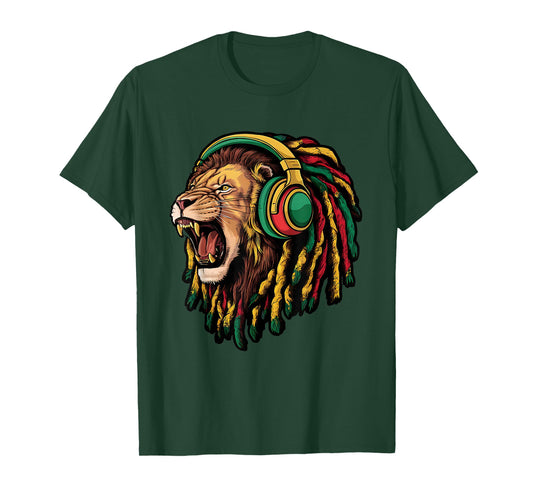 Rasta Reggae Music Headphones Jamaican Pride Lion T-Shirt