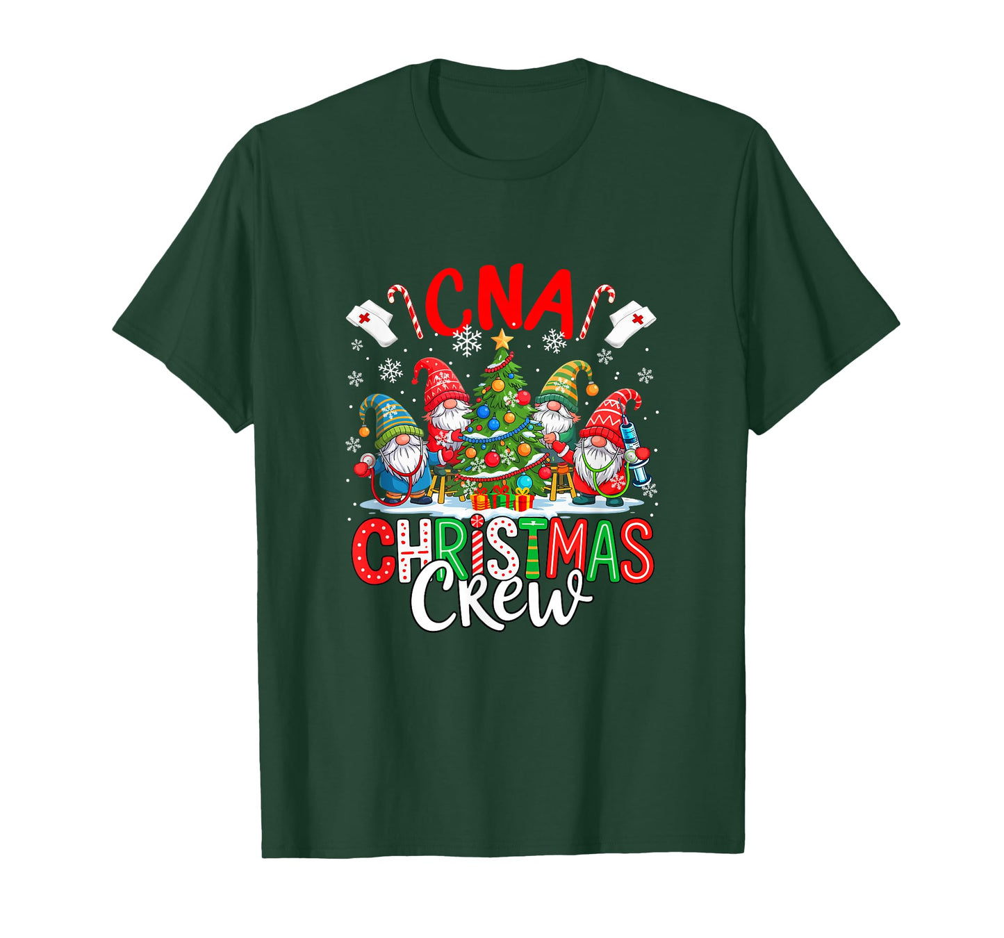 CNA Christmas Crew Group Gnomes Nurses Decorating Xmas Tree T-Shirt