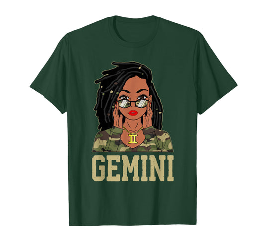 Gemini Loc'd Hair Sassy Black Woman Camo Melanin Girl T-Shirt