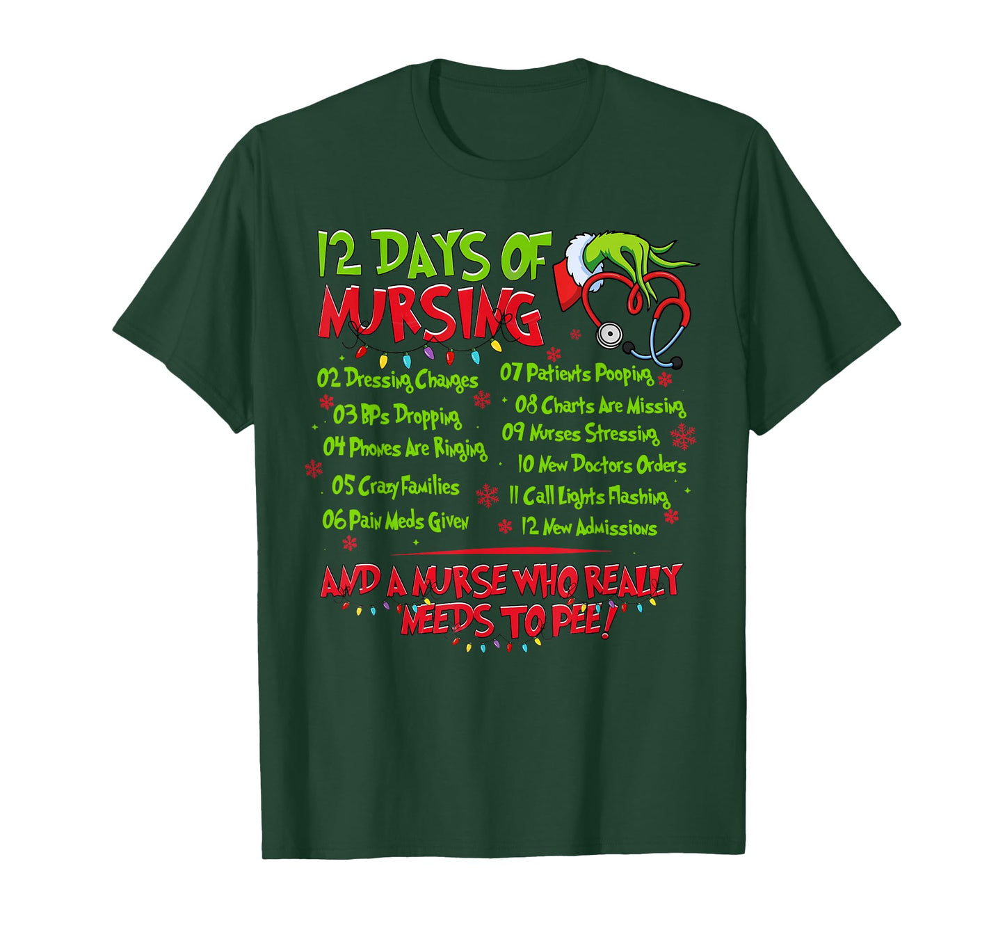Christmas Nurse Funny 12 Days of Nursing Er Nicu PICU Rn T-Shirt