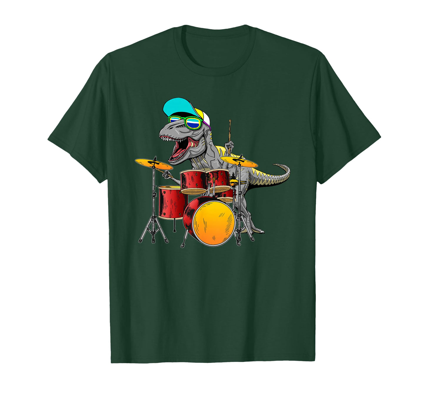 Great Dinosaurs Drums Music Playing T rex Design T-Shirt Small