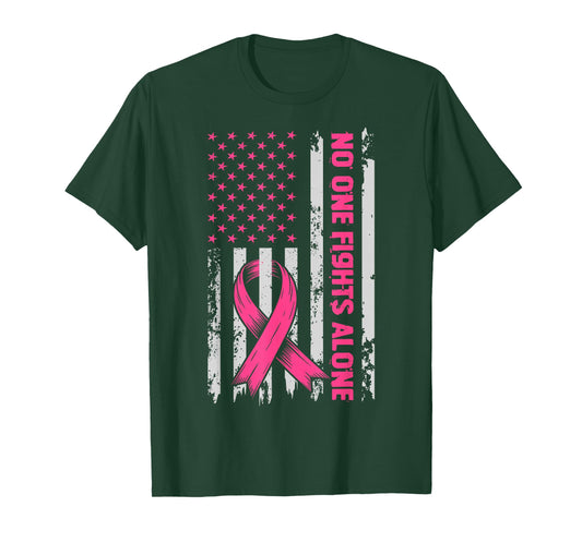 No One Fights Breast Cancer Alone US Flag Pink Ribbon T-Shirt