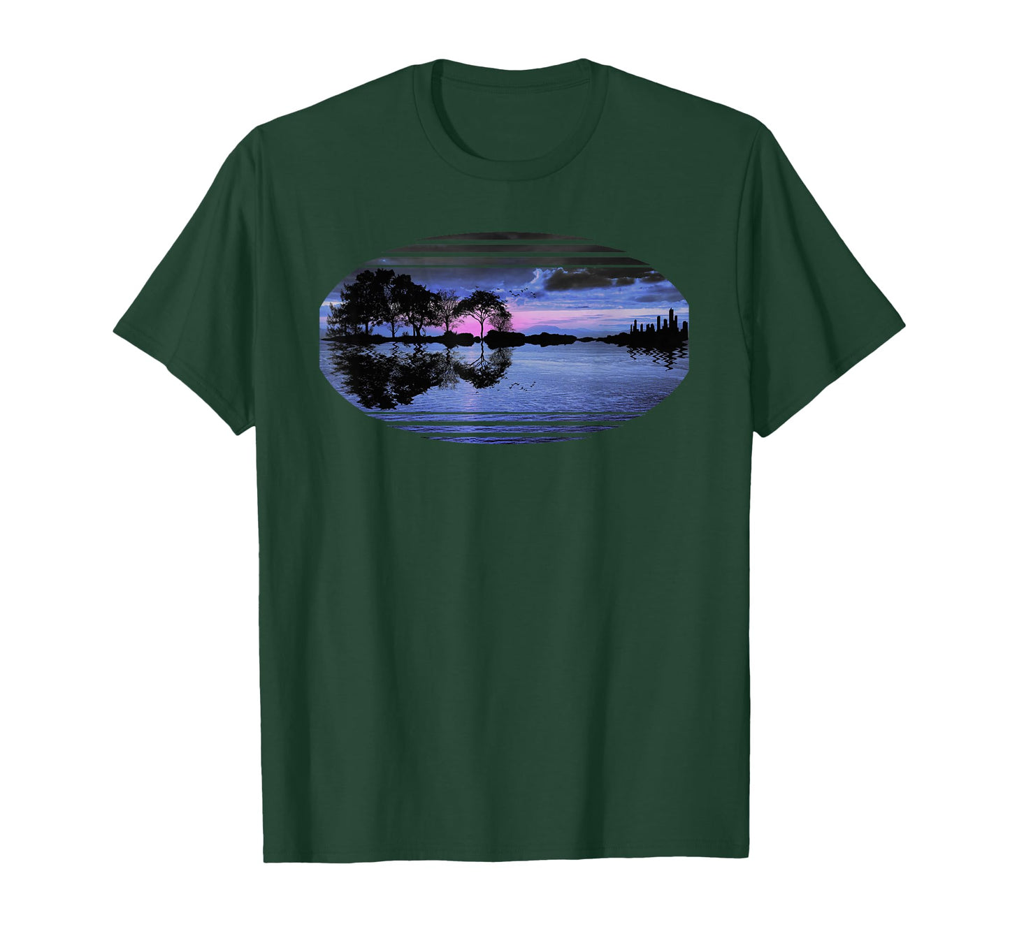 Guitar Sunset Sky Trees City Lake Reflection Stylish Design T-Shirt
