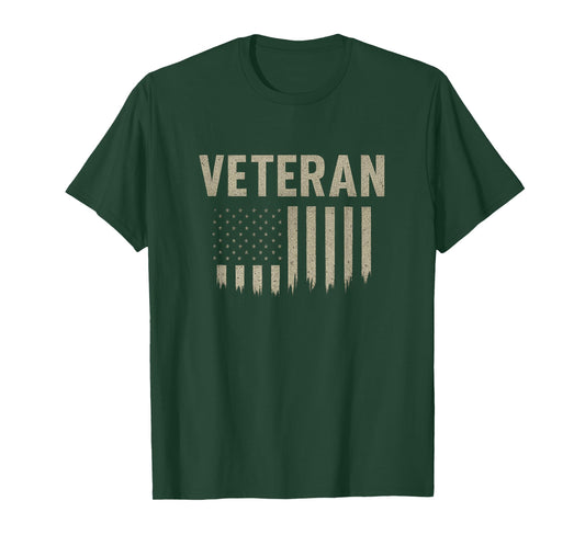 Veteran with Distressed USA Flag Printed on Back T-Shirt