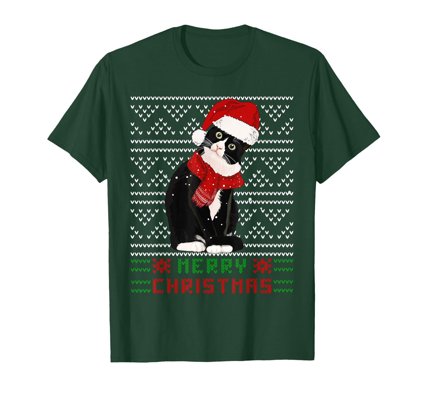 Ugly Christmas Black Cat Santa Hat Scarf Cute Tuxedo Cat Men Women Kids T-Shirt