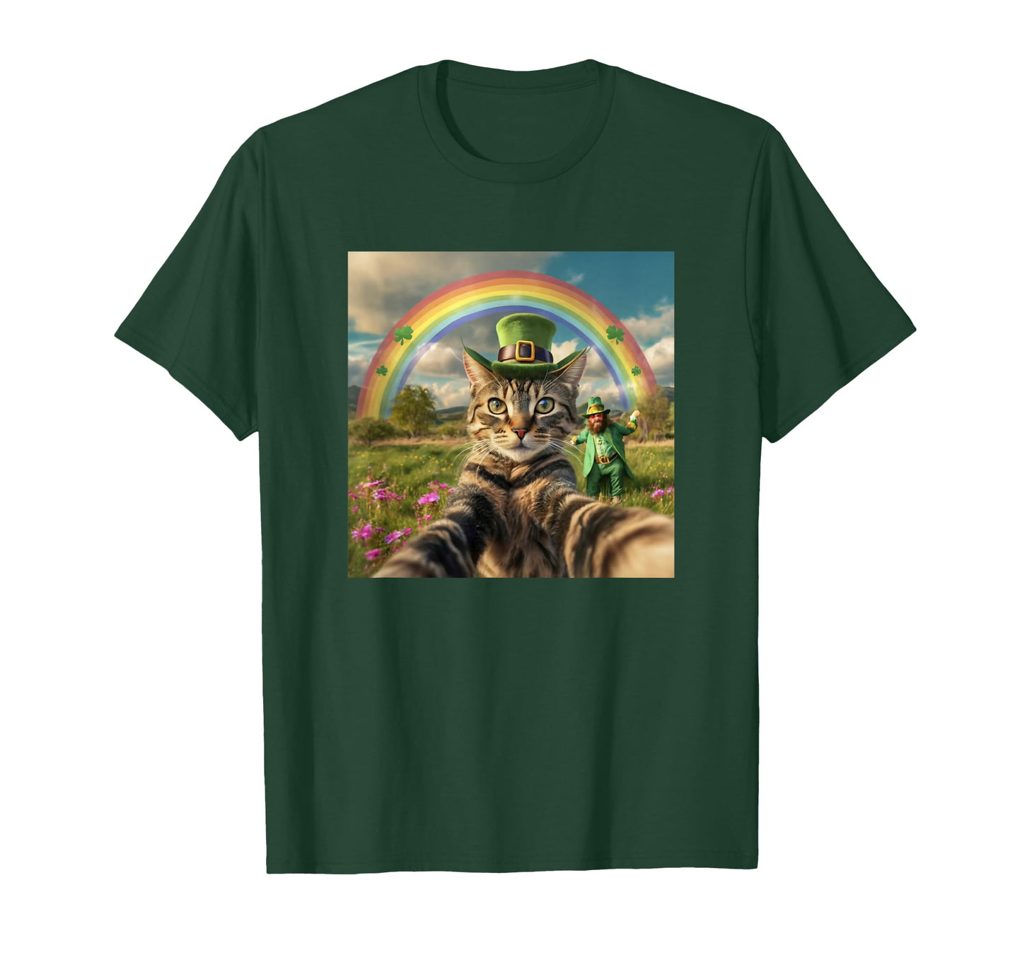 St Patrick's Day Cat Selfie with Leprechaun Funny Photo T-Shirt