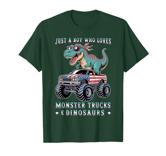 Just A Boy Who Loves Monster Trucks Dinosaurs Trex USA Flag T-Shirt