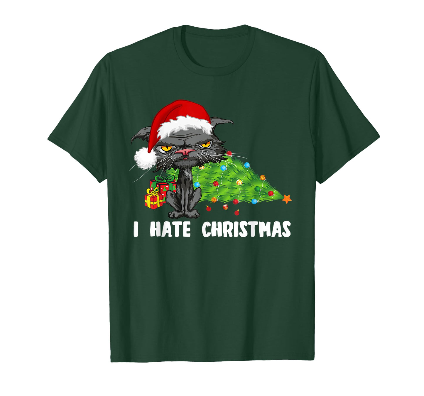 Anti Christmas I Hate Christmas Tree Bored Cat Santa Hat T-Shirt for Men Women Kids