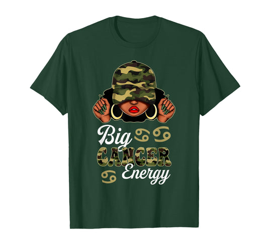 Big Cancer Energy Black Woman Camouflage Zodiac Sign T-Shirt