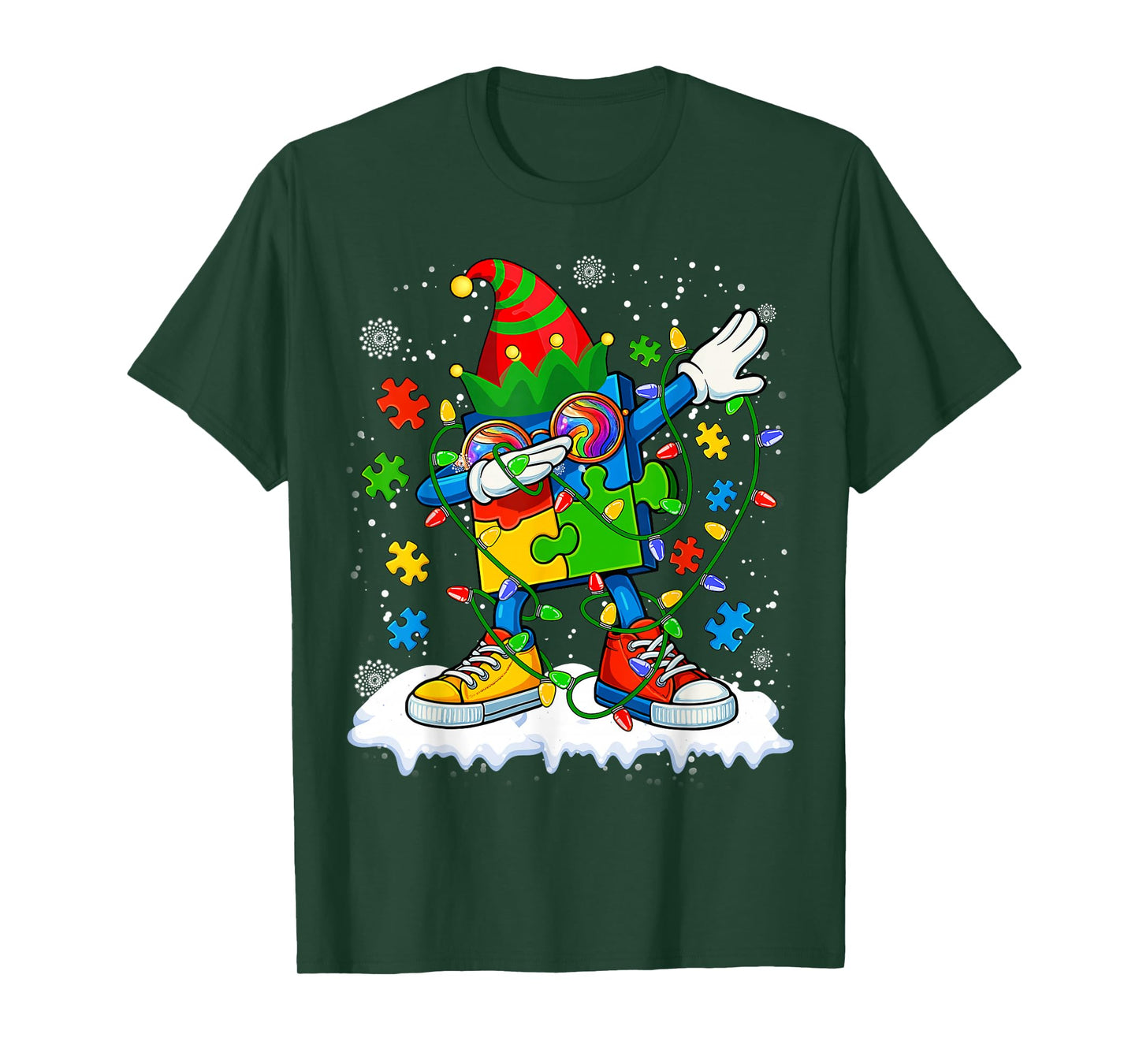 Dabbing Autism Christmas Tree Lights Xmas Men Women Kids T-Shirt