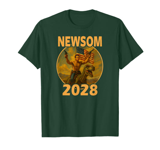 Gavin Newsom 2028 Bold Patriotic Leader Riding Dinosaur T-Shirt