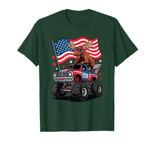 Patriotic 4th of July USA Moose on a Truck T-Shirt