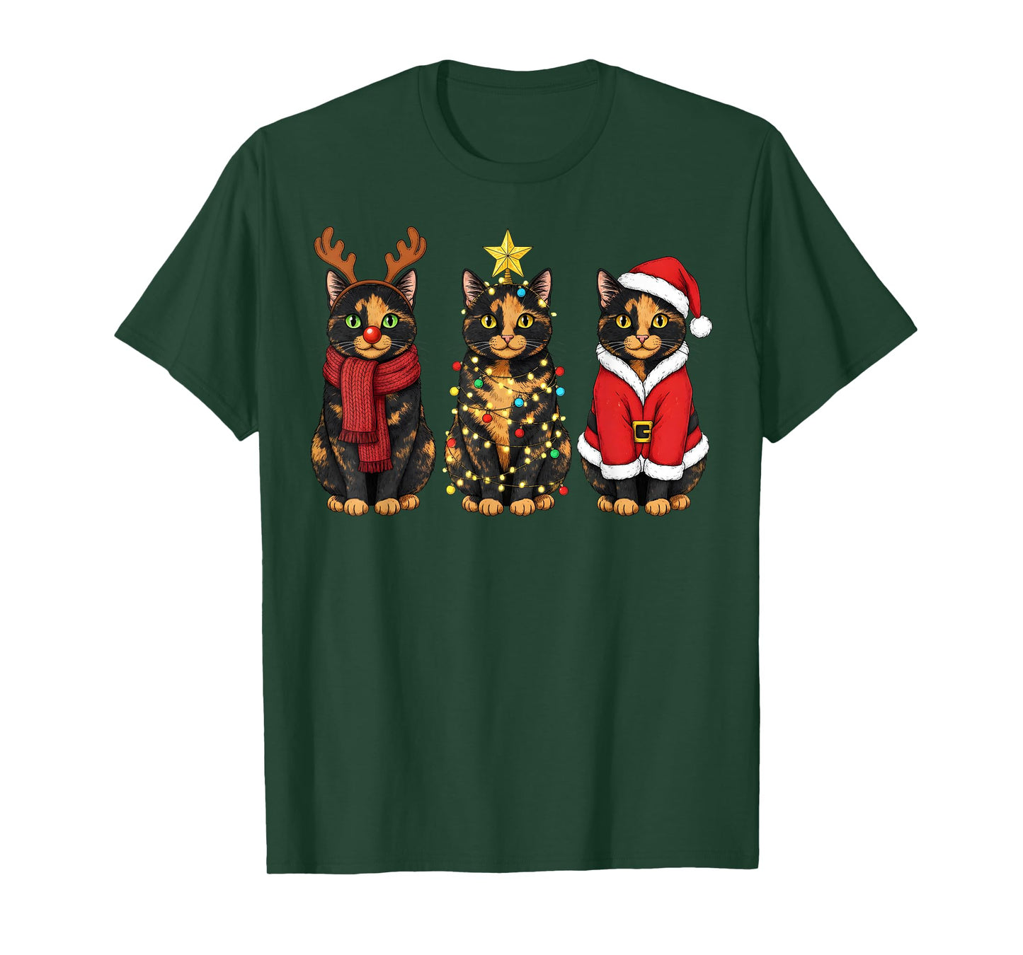 Retro Christmas Tortoiseshell Cat Santa Reindeer T-Shirt