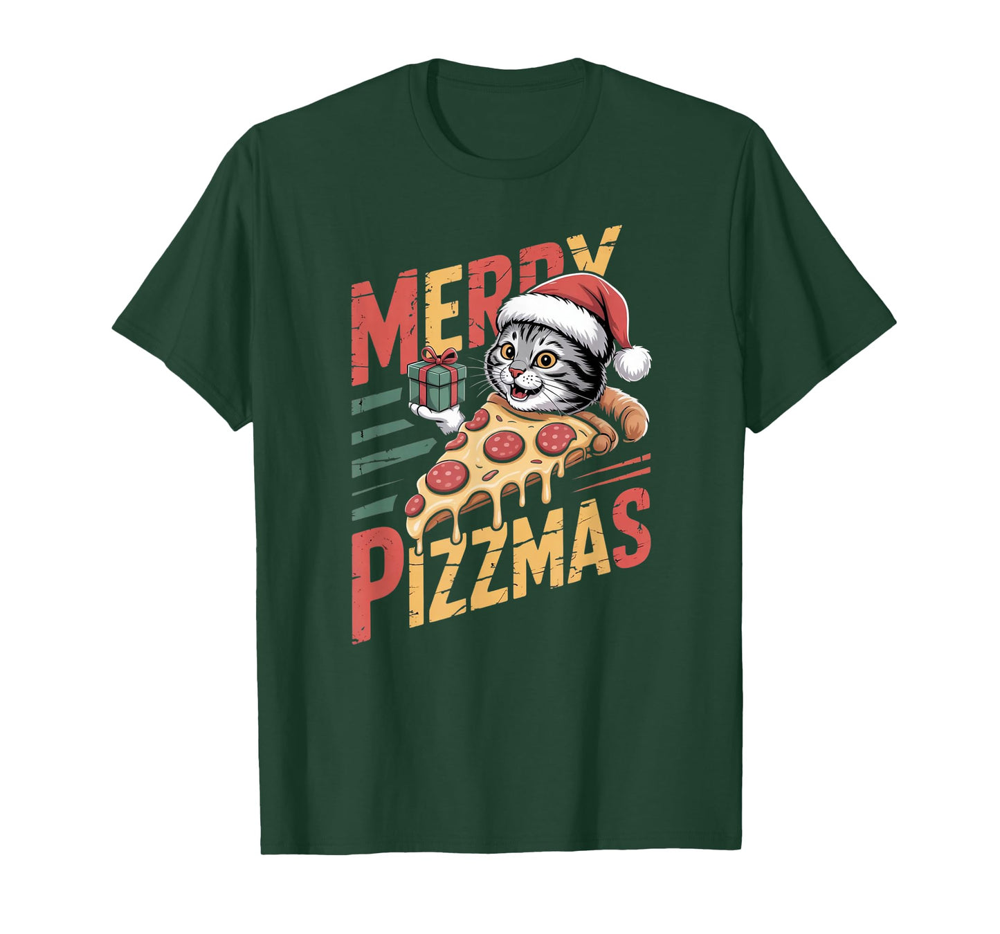 Merry Pizzmas Christmas Cat Funny Pizza Lover Xmas Cat Lover T-Shirt