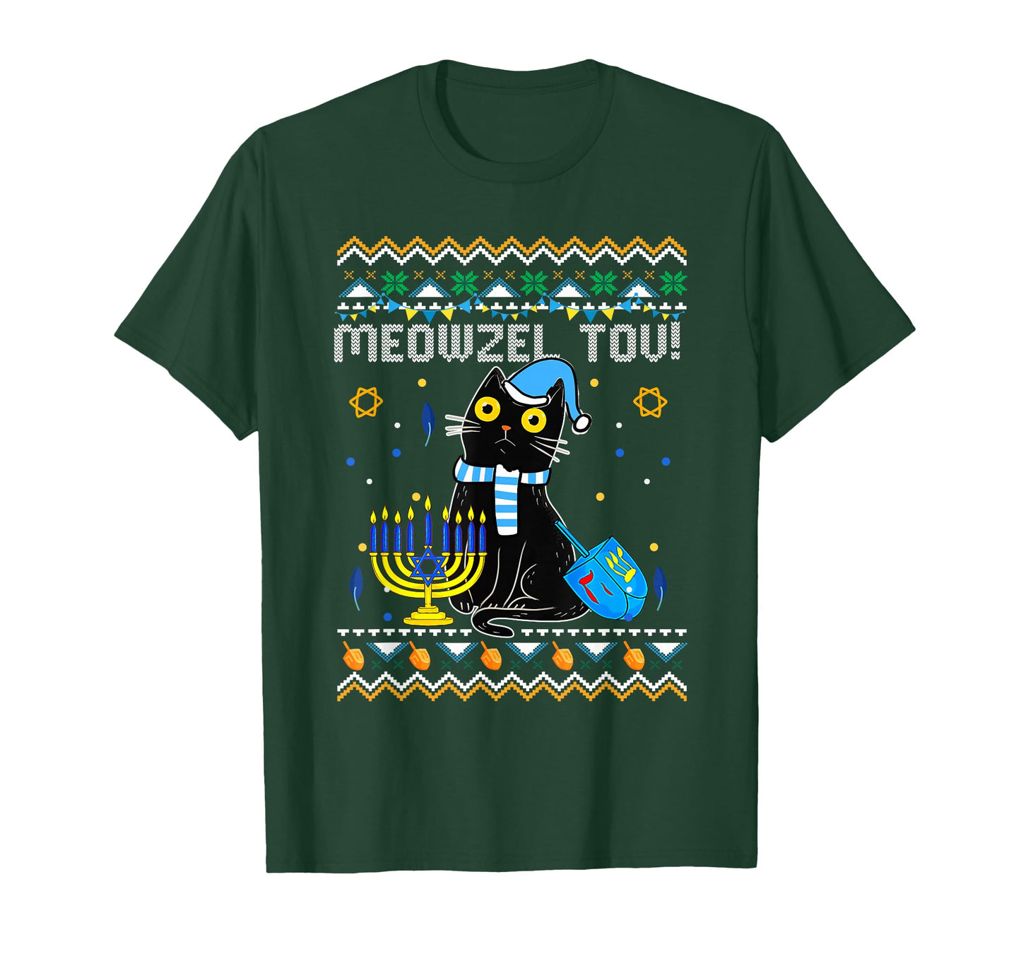 Funny Happy Hanukkah Hanukkat Meowzel Tov Jewish Cat Menorah T-Shirt