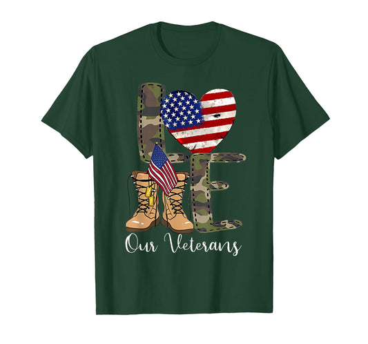 Love Our Veterans Day Proud Military American Flag T-Shirt