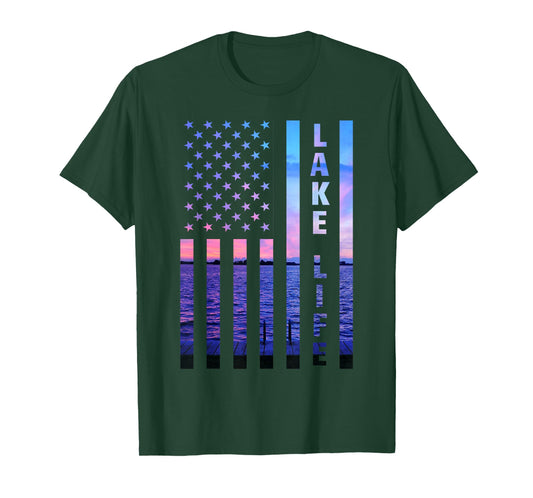 Lake Life American Flag Dock Sunset Wakeboarder Power Boat T-Shirt