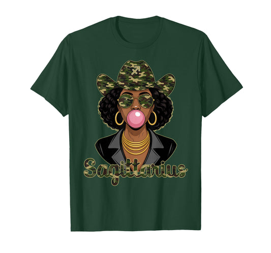 Sagittarius Queen Black Woman Hat Camo Afro Woman Zodiac T-Shirt