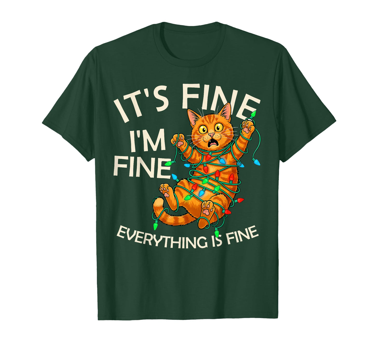 Funny Orange Cat Christmas Light It's Fine I'm Fine Xmas T-Shirt