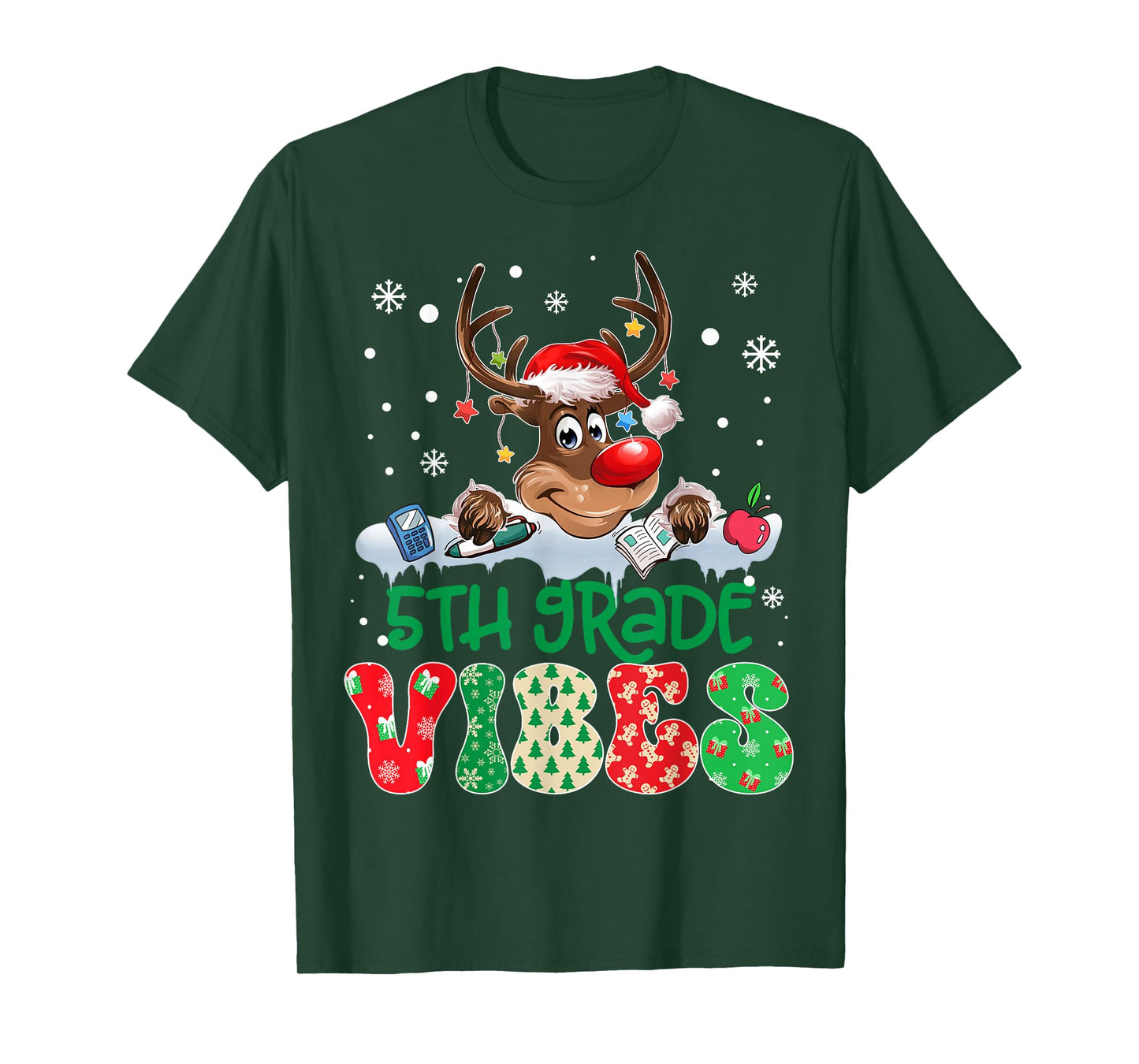 Reindeer Santa Hat 5th Grade Vibes Teacher Christmas Kids T-Shirt
