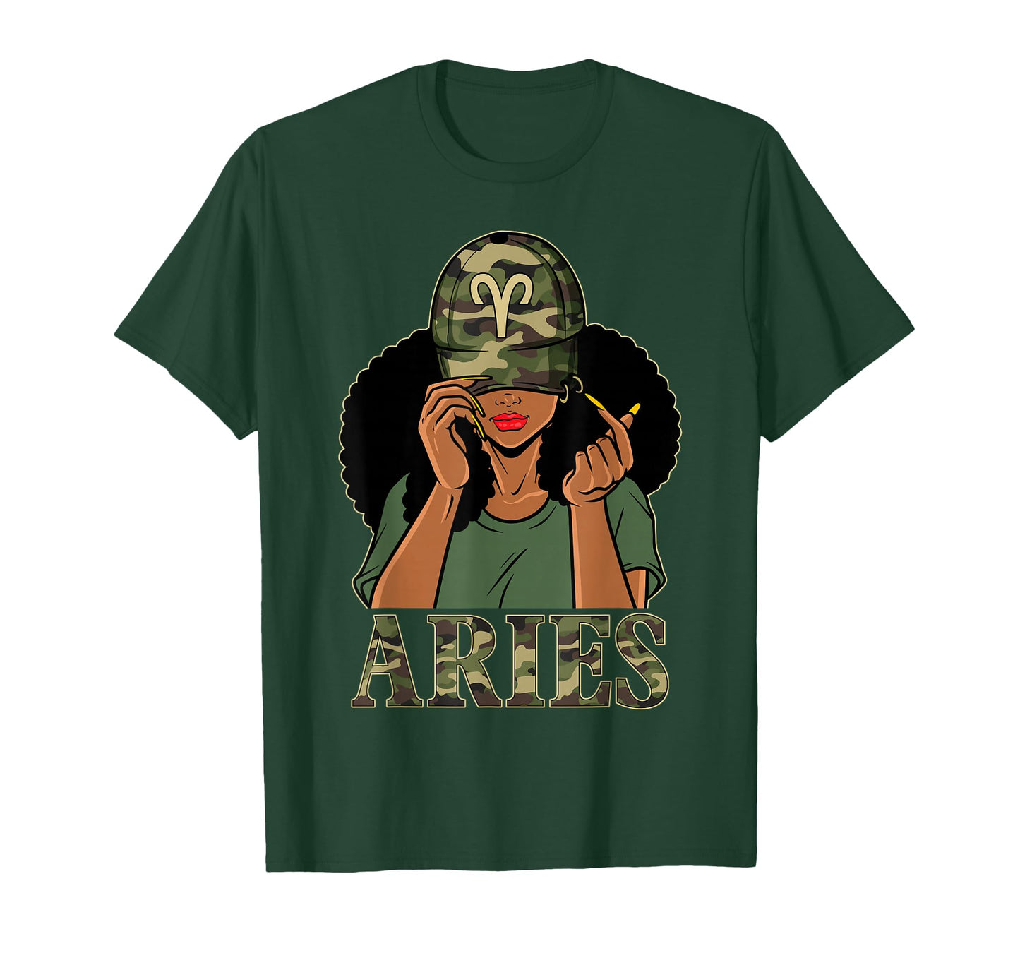 Aries Girl Black Woman With Cap Camo Afro Woman Zodiac T-Shirt