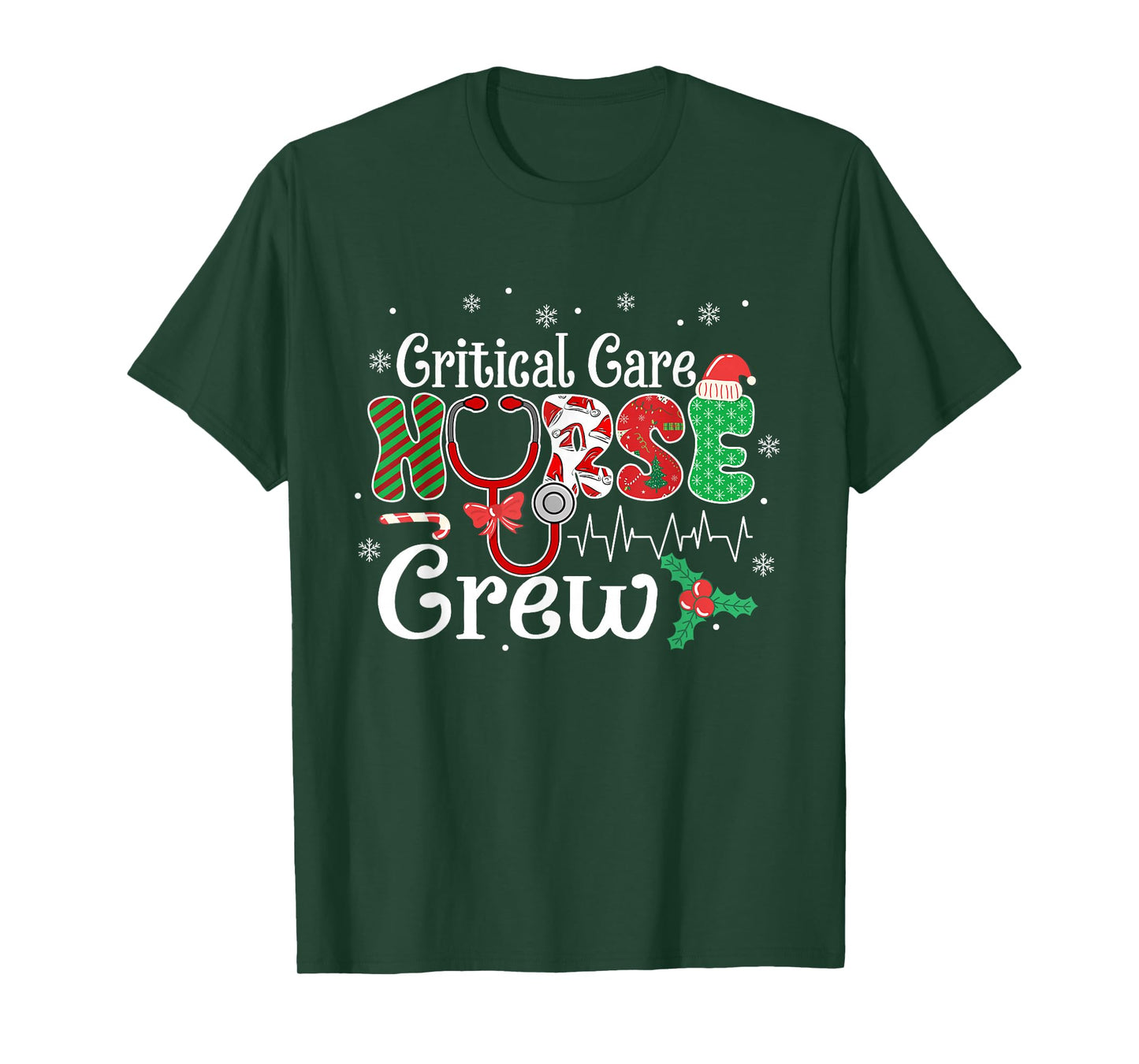 Critical Care Nurse Crew Stethoscope Santa Hat Christmas T-Shirt